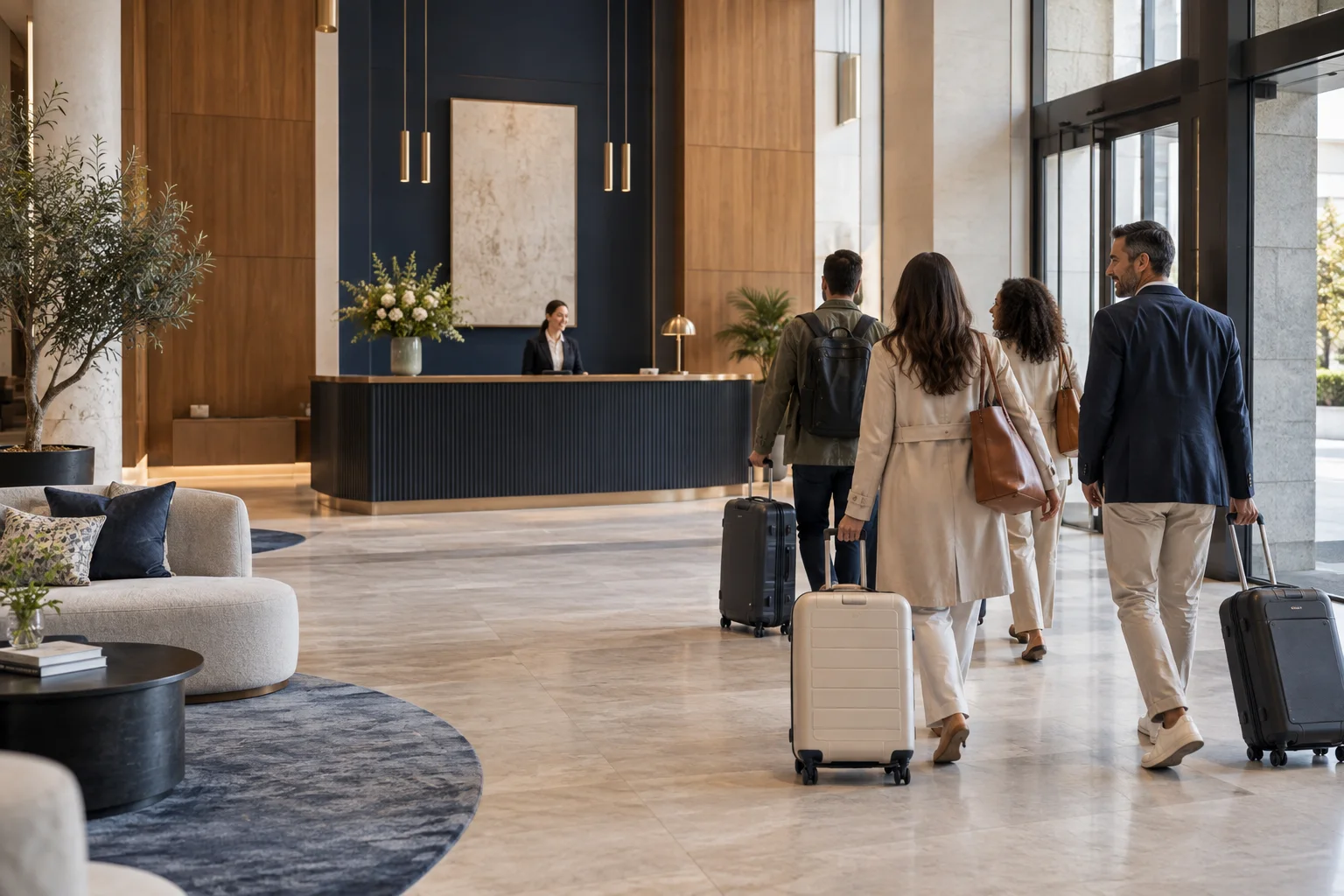 Reisende mit Gepäck kommen an der Rezeption einer hellen Hotellobby an
